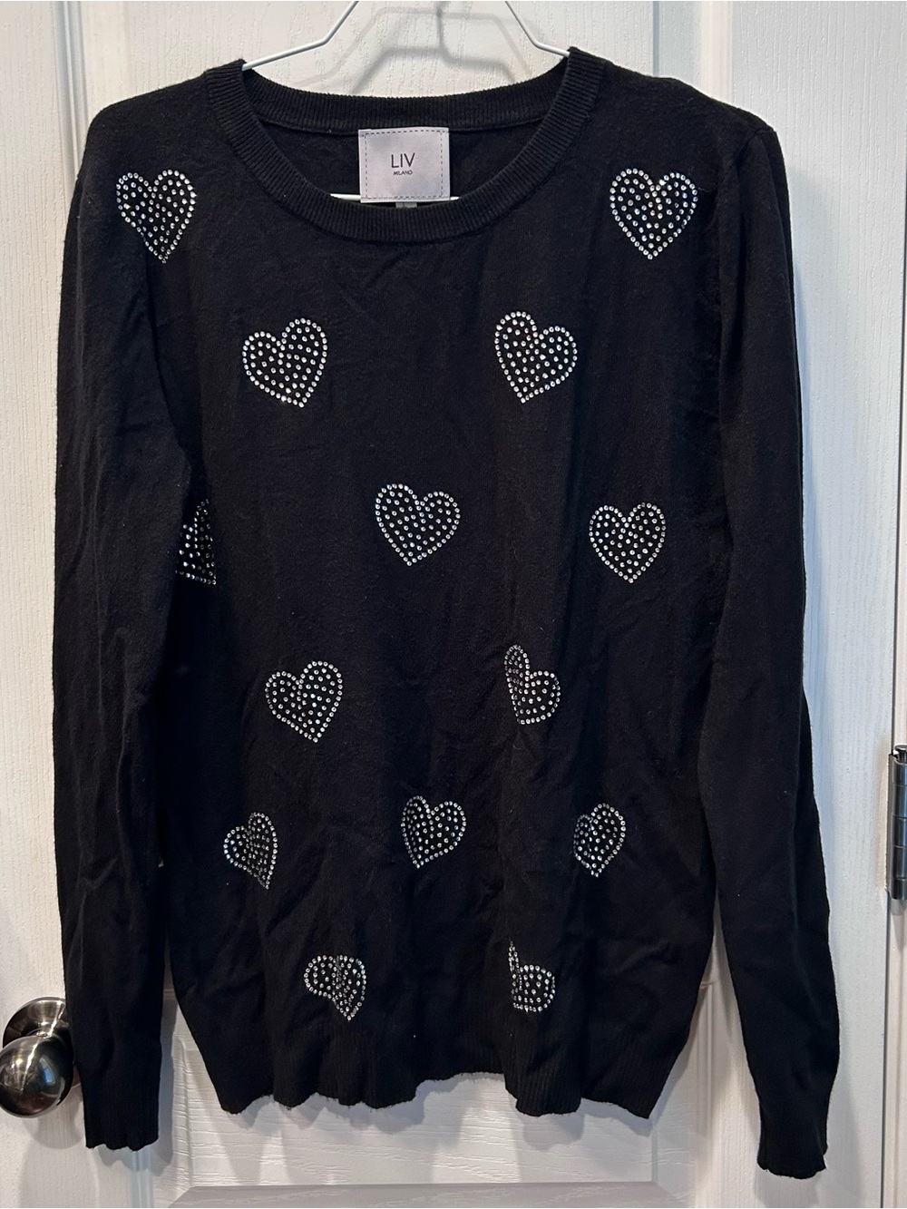 LIV Milano Women’s Black Rhinestone Heart Crewneck Pullover Sweater Size Large